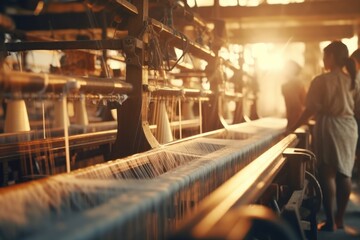 Indian Textile Odyssey: Journey through the rich tapestry of India's textile manufacturing, witnessing scenes from Mumbai and Ahmedabad mills, highlighting the vibrant production of diverse and colors - obrazy, fototapety, plakaty