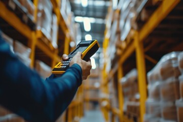 A person is seen holding a handheld device in a warehouse. This image can be used to depict technology usage in a warehouse setting - obrazy, fototapety, plakaty