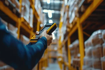 Foto op Plexiglas A person is seen holding a handheld device in a warehouse. This image can be used to depict technology usage in a warehouse setting © Fotograf