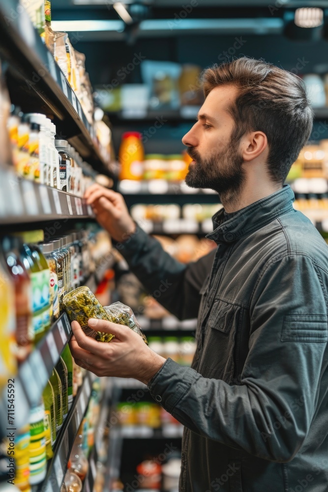 Poster a man is pictured shopping in a grocery store. this image can be used to showcase everyday activitie