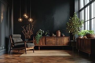 Modern luxury living room interior background, living room interior mockup, interior with black walls, dark interior of living room with black wall, chair, and wooden console