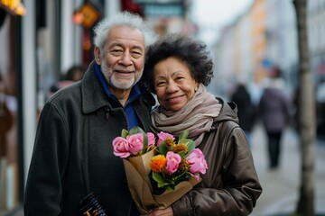 portrait of a lovely attractive fashionable elderly natural beauty European couple holding flowers in the city. Photography taken with organic simplicity