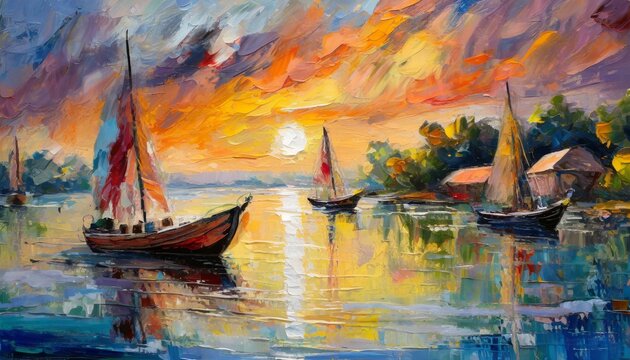 an expressive oil painting on canvas showcasing the dynamic interplay of light and color as boats navigate the tranquil waters at sunset. Utilize bold brushstrokes to capture the essence of movement a