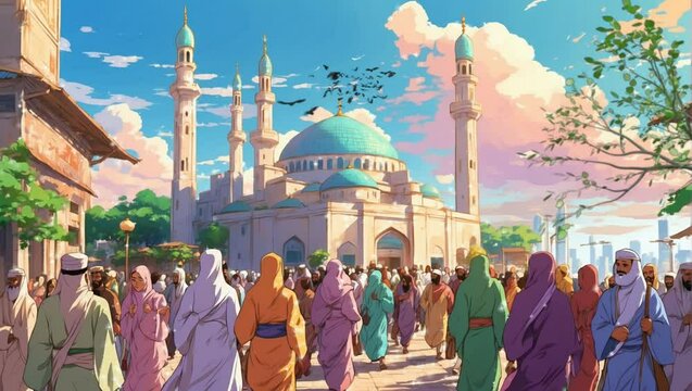 The mosque is in the middle of the city. A group of birds surrounds the dome. Cartoon and anime vector painting illustration hand drawn style. Looping video 4k with animation background.