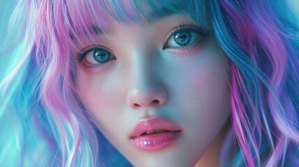 A close up image of a person with vibrant blue and pink hair. This picture can be used for various creative projects