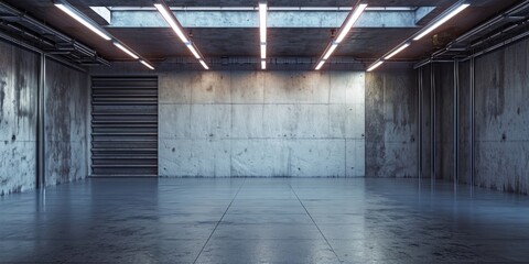 An empty room with concrete walls and stairs. This image can be used to depict minimalistic architecture or as a background for industrial or urban-themed designs