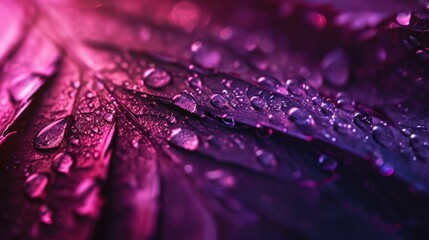 Water droplets glisten on a vibrant purple leaf, creating a captivating close-up nature shot. Perfect for nature enthusiasts and those seeking images of water and foliage