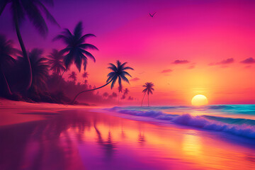 Fototapeta na wymiar Neon-hued sunset and lush palms on a tranquil beach.