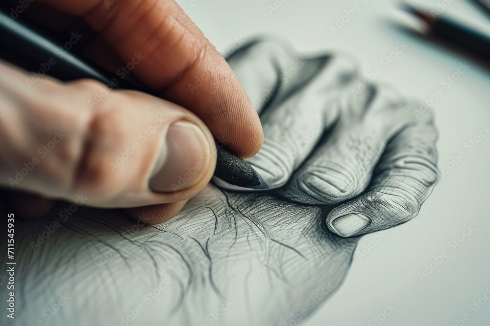 Poster A detailed drawing of a hand holding a pencil. This versatile image can be used in various contexts and projects