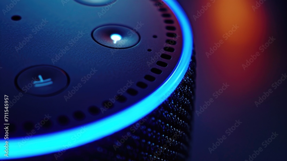 Poster a close-up view of a speaker with a blue light. perfect for technology-related designs and music-the