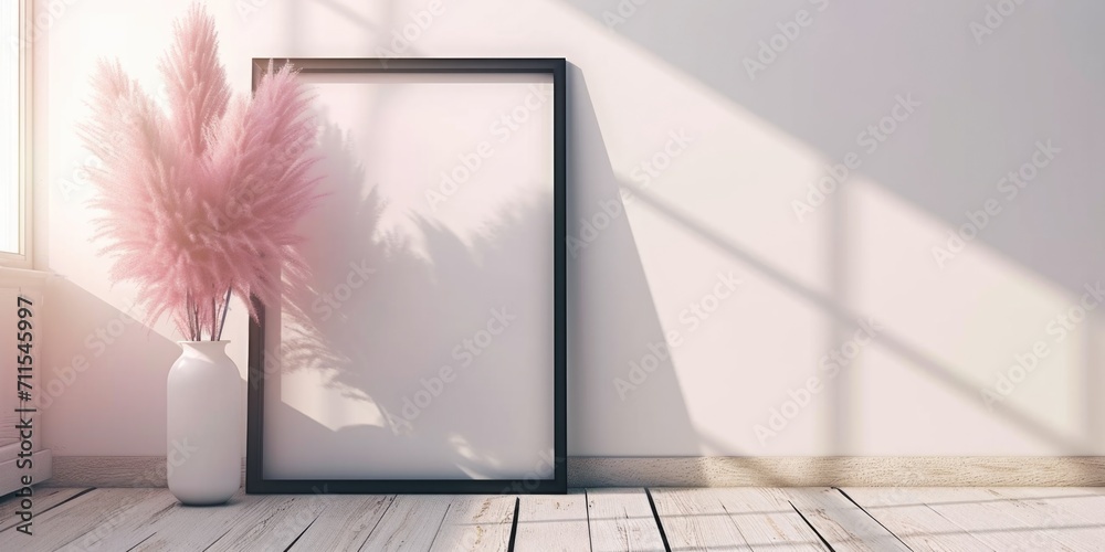 Poster a picture frame sitting next to a vase with a pink flower. can be used as a decorative element or fo