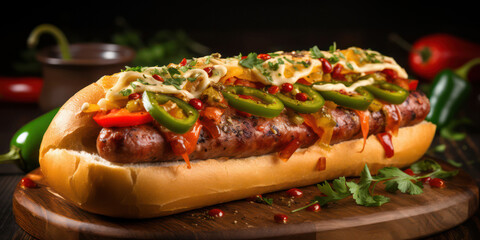 Delicious Grilled Hot Dog on Bun with Red Onion and Mustard, a Tasty American Classic on a Summer Picnic, a Closeup of a Gourmet Hotdog on a Wooden Background.