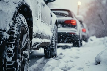 Two parked cars covered in snow. Ideal for winter-themed projects or automotive advertisements