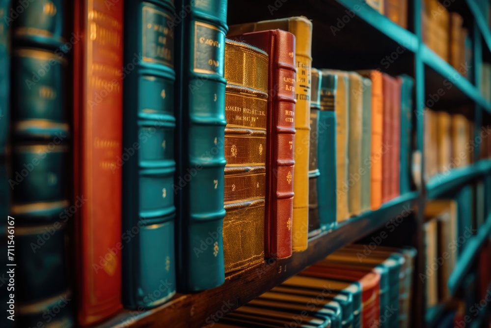 Poster a picture of a book shelf filled with numerous books. this image can be used to depict a library, ed