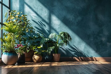 The indoor potted plants decoration in modern room with a wooden floor and blue wall.