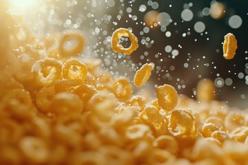 A pile of cereal is falling into the air. This image can be used to depict the action of pouring cereal or to illustrate breakfast routines and healthy eating habits
