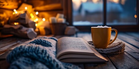 Hot drink book on winter window background Generative AI