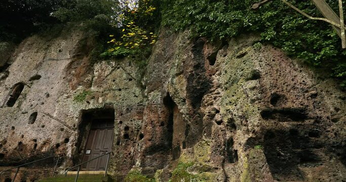 Aerial view cityscape Sutri Italy. Ruins of the ancient Roman amphitheater, beautiful ancient architecture. High quality 4k footage