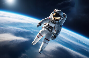 Astronaut in a spacesuit in outer space against the backdrop of planet Earth