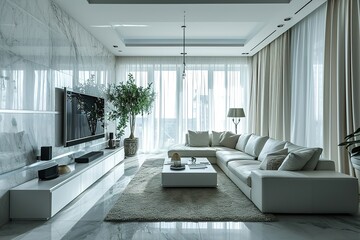 White sofa against tv unit. Minimalist luxury home or hotel interior design of modern living room. Created with