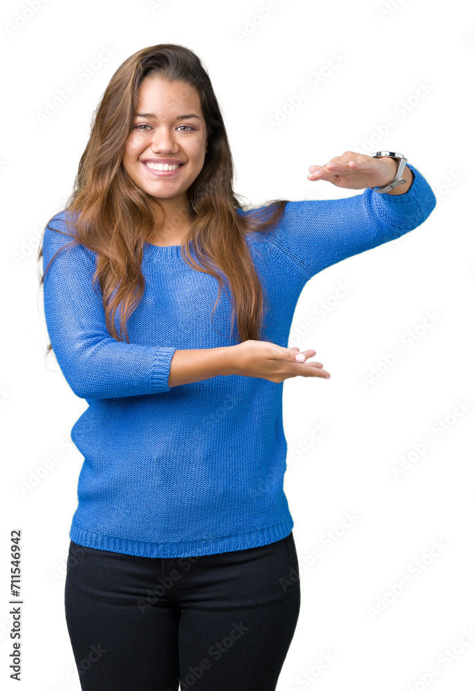 Sticker young beautiful brunette woman wearing blue sweater over isolated background gesturing with hands sh