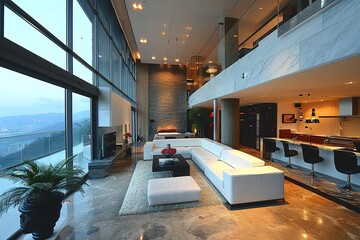 Spacious living room with modern furniture