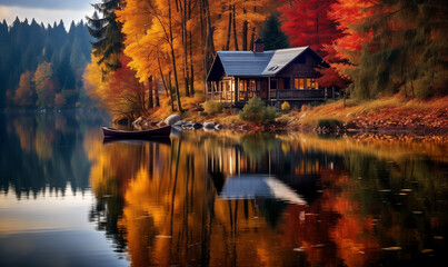 Wooden house with panoramic teraces against background of autumn forest. Cozy home exterior on lakeshore with boat. Lonely old house on the side of lake - Powered by Adobe