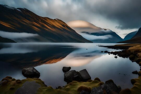 Early morning at Loch Duich in the Highlands of Scotland with low lying clouds and mountain views
