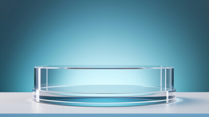 minimalistic and futuristic clear glass cylinder podium on a blue-white gradient background, for product display and presentation