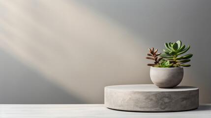 minimalistic gray sunlit concrete cylinder podium on a gray background for product display and presentation, monochrome and minimalistic look