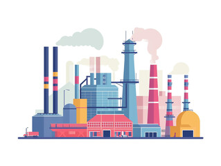 Obraz premium 2D flat design illustration of the factory and industrial area. Façade skyline. Smoke pollutes the air.
