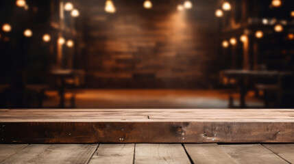 empty wooden podium table on a blurred bar background for product display and presentation - obrazy, fototapety, plakaty