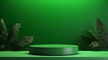green cylinder podium with palm leaves on a green background product display and presentation, monochrome and minimalistic look