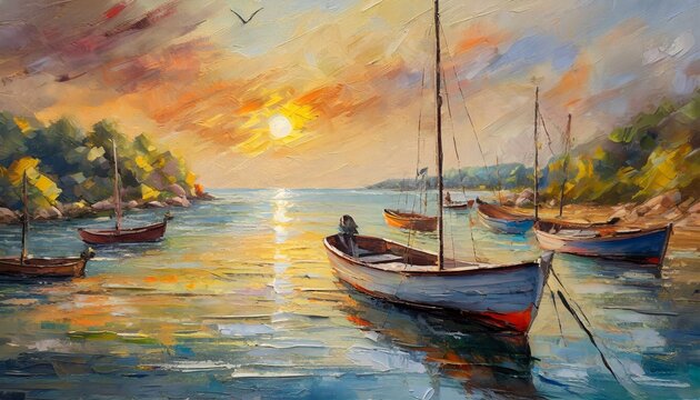 boats at sunset.an original oil painting on canvas that portrays the calm beauty of boats anchored in the soft glow of a coastal sunset. Employ a muted color palette to convey a peaceful atmosphere, p
