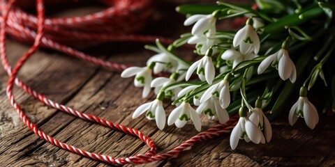 bouquet of the spring snowdrops flowers with red and white bunch rope, a wooden table, banner, copy space