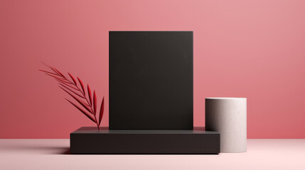 stylish black podium on a pink background for product display and presentation, an expensive and minimalistic look