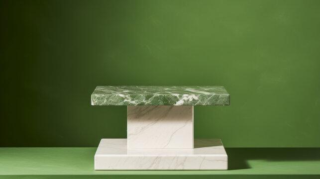 white and green marble tall podium casting shadow on a green background for product display and presentation, monochrome and minimalistic look