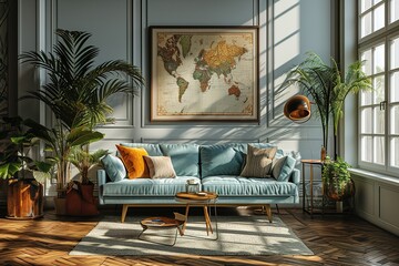 Stylish scandinavian living room interior with design mint sofa, furnitures, mock up poster map, plants, and elegant personal accessories. Home decor. Interior design. Template. Ready to use.