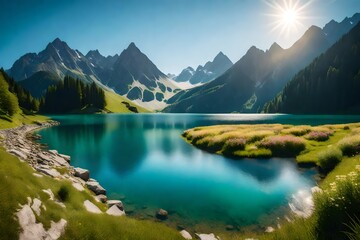 Fototapeta na wymiar Idyllic summer landscape with clear mountain lake in the Alps.