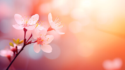 Fototapeta premium Spring apple tree flowers banner background with defocused sunlight 