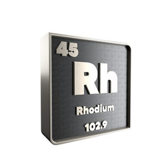 Rhodium chemical element black and metal icon with atomic mass and atomic number. 3d render illustration.