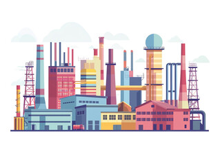 2D flat design illustration of the factory and industrial area. Façade skyline. Smoke pollutes the air.
