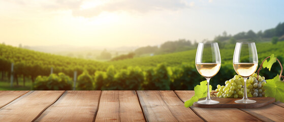 Empty wood table top with a glass of white wine on blurred vineyard landscape background....