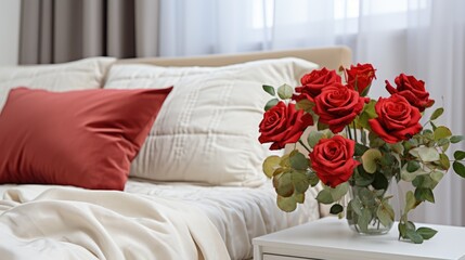 Bed of Desire: Close-Up of the Flower on the Bed - A Delicately Placed Red Rose on the Pillow, Contrasting with Crisp White Sheets, Celebrating Love and Desire in a Romantic Setting.	
