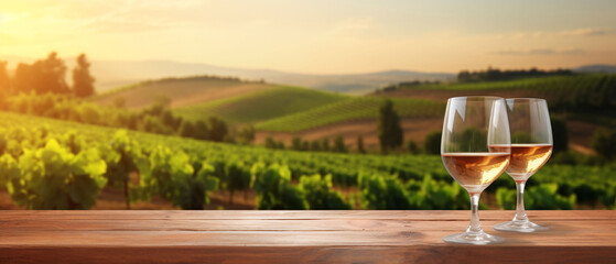 Empty wood table top with a glass of pink wine on blurred vineyard landscape background. Agriculture winery and wine tasting concept. Free space to display or mount your products.