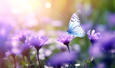 Bluish butterfly on wild purple flowers in grass in rays of sunlight.