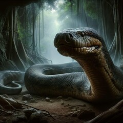 Big Dangerous Green Anaconda Python Snake with Big open mouth teeth Venom Poison in Ancient amazon african jungle caves cinematic poster art ancient snake animal stories scene concept fear scary