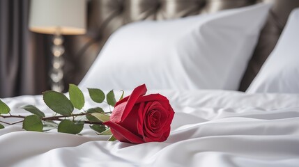 Fototapeta premium Bed of Desire: Close-Up of the Flower on the Bed - A Delicately Placed Red Rose on the Pillow, Contrasting with Crisp White Sheets, Celebrating Love and Desire in a Romantic Setting. 