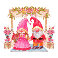 Wedding ceremony of couple gnomes . Watercolor painting design . Valentine day concept . PNG .