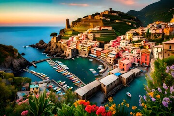 Colorful landscape view of Vernazza village and harbor aerial view on beautiful sunset and flowers in Cinque Terre, Ligury, Italy. Seascape in Five lands in Cinque Terre National Park